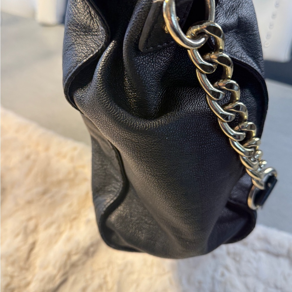 Michael Kors Hamilton Black Leather Satchel Tote Gold Lock Key Chain Strap - Picture 7 of 17